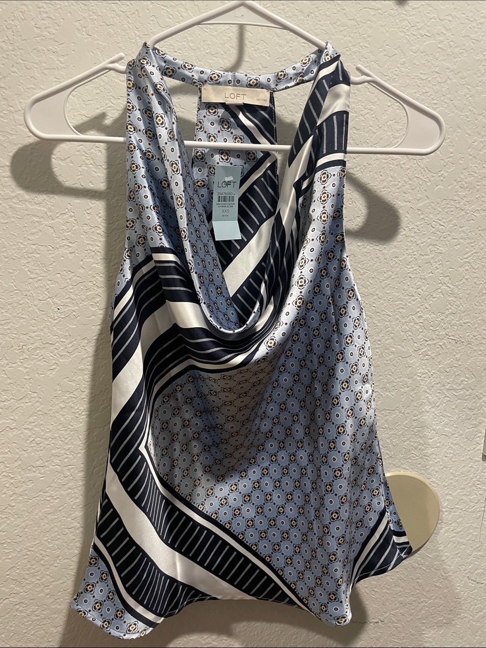 LOFT Light Blue Navy and White Cowl Neck Tank